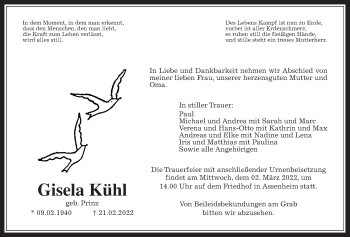 Traueranzeige von Gisela Kühl von Wetterauer Zeitung