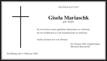 Traueranzeige von Gisela Mariaschk von Wetterauer Zeitung