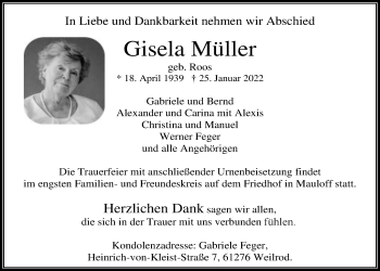Traueranzeige von Gisela Müller von Usinger Anzeiger