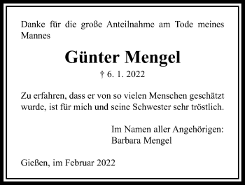 Traueranzeige von Günter Mengel von Giessener Allgemeine, Alsfelder Allgemeine, Giessener Anzeiger