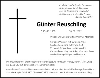 Traueranzeige von Günter Reuschling von Giessener Anzeiger, Giessener Allgemeine, Alsfelder Allgemeine