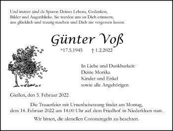 Traueranzeige von Günter Voß von Giessener Allgemeine, Alsfelder Allgemeine, Giessener Anzeiger