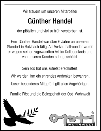 Traueranzeige von Günther Handel von Giessener Allgemeine, Alsfelder Allgemeine