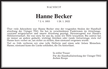Traueranzeige von Hannelore Becker von Usinger Anzeiger