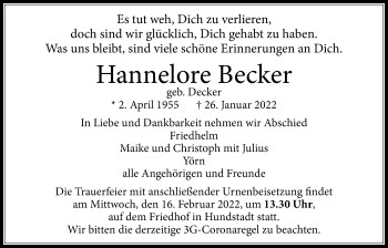 Traueranzeige von Hannelore Becker von Usinger Anzeiger