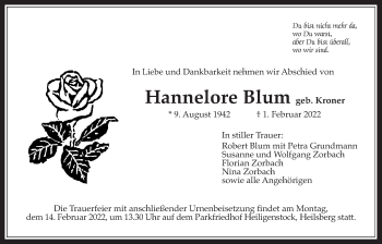 Traueranzeige von Hannelore Blum von Bad Vilbel/Karben