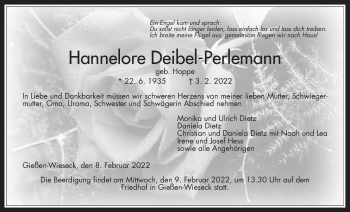 Traueranzeige von Hannelore Deibel-Perlemann von Giessener Allgemeine, Alsfelder Allgemeine, Giessener Anzeiger