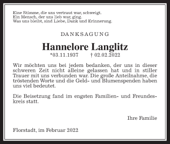 Traueranzeige von Hannelore Langlitz von Wetterauer Zeitung