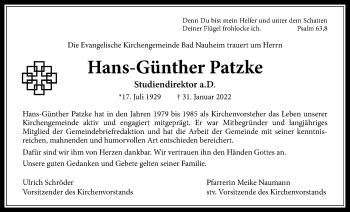 Traueranzeige von Hans-Günther Patzke von Wetterauer Zeitung