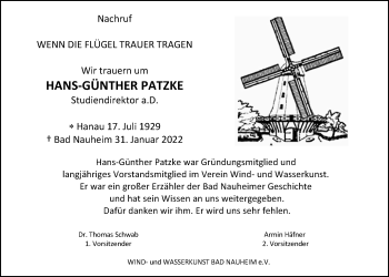 Traueranzeige von Hans-Günther Patzke von Wetterauer Zeitung