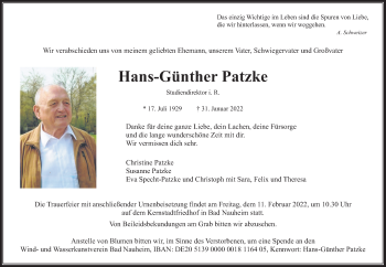 Traueranzeige von Hans-Günther Patzke von Wetterauer Zeitung