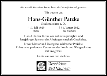 Traueranzeige von Hans-Günther Patzke von Wetterauer Zeitung
