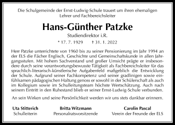 Traueranzeige von Hans-Günther Patzke von Wetterauer Zeitung