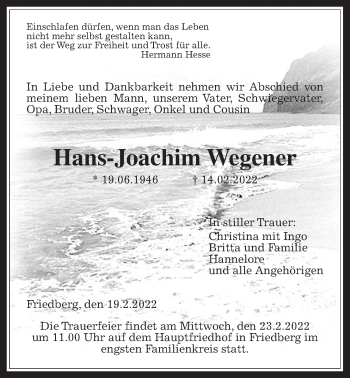 Traueranzeige von Hans-Joachim Wegener von Wetterauer Zeitung