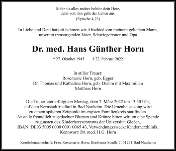 Traueranzeige von Hans Günther Horn von Wetterauer Zeitung