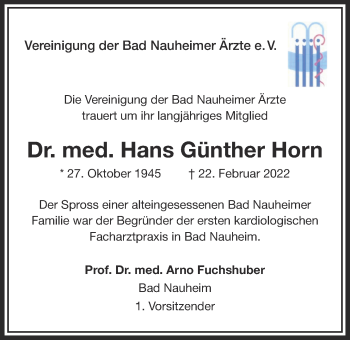 Traueranzeige von Hans Günther Horn von Wetterauer Zeitung