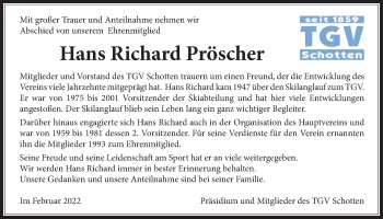 Traueranzeige von Hans Richard Pröscher von Kreis-Anzeiger