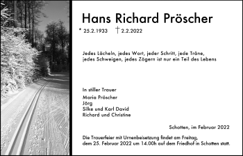 Traueranzeige von Hans Richard Pröscher von Kreis-Anzeiger
