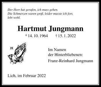 Traueranzeige von Hartmut Jungmann von Licher Wochenblatt