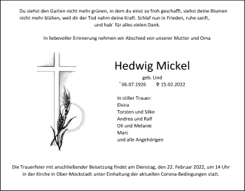 Traueranzeige von Hedwig Mickel von Kreis-Anzeiger