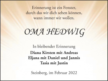 Traueranzeige von Hedwig Schmidt von Kreis-Anzeiger