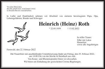 Traueranzeige von Heinrich Roth von Giessener Allgemeine, Alsfelder Allgemeine, Giessener Anzeiger