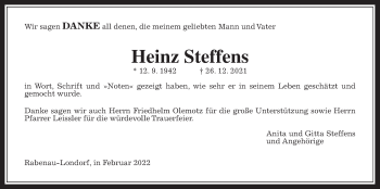 Traueranzeige von Heinz Steffens von Rabenauer Zeitung