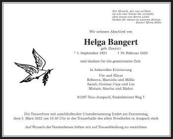 Traueranzeige von Helga Bangert von Usinger Anzeiger