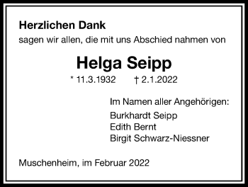 Traueranzeige von Helga Seipp von Licher Wochenblatt