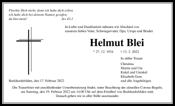 Traueranzeige von Helmut Blei von Giessener Allgemeine, Alsfelder Allgemeine, Giessener Anzeiger