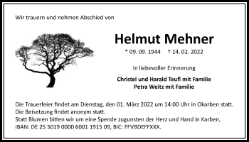 Traueranzeige von Helmut Mehner von Bad Vilbel/Karben