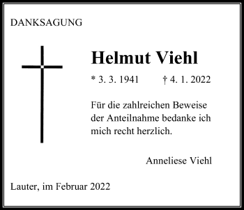 Traueranzeige von Helmut Viehl von Giessener Allgemeine, Alsfelder Allgemeine