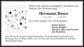 Traueranzeige von Hermann Bauer von Wetterauer Zeitung, Kreis-Anzeiger