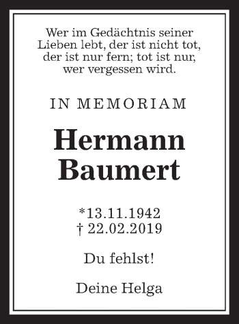 Traueranzeige von Hermann Baumert von Giessener Allgemeine, Alsfelder Allgemeine