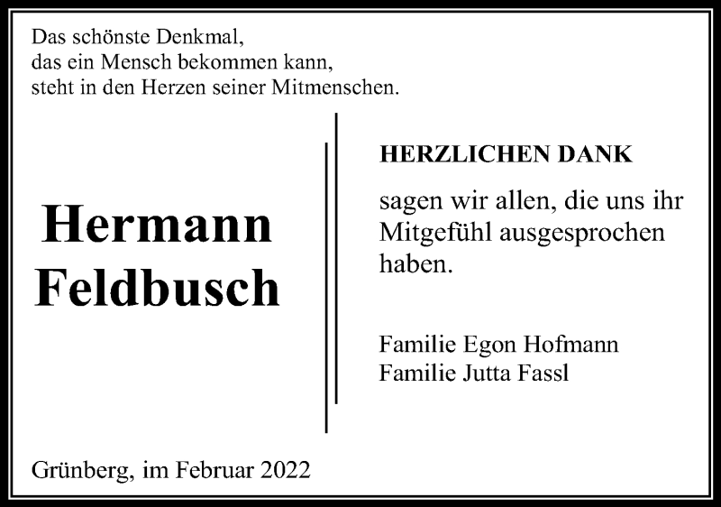  Traueranzeige für Hermann Feldbusch vom 12.02.2022 aus Giessener Allgemeine, Alsfelder Allgemeine