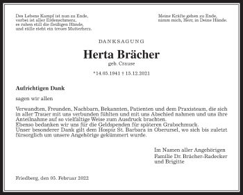 Traueranzeige von Herta Brächer von Wetterauer Zeitung