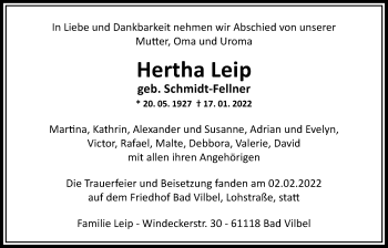 Traueranzeige von Hertha Leip von Bad Vilbel/Karben