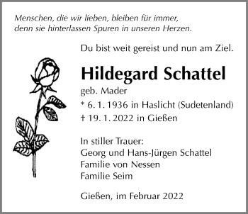 Traueranzeige von Hildegard Schattel von Giessener Allgemeine, Alsfelder Allgemeine, Giessener Anzeiger