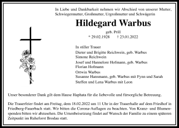 Traueranzeige von Hildegard Warbus von Wetterauer Zeitung