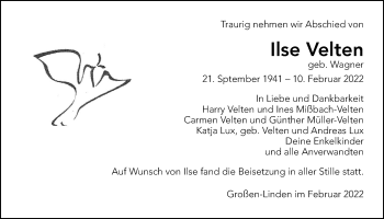Traueranzeige von Ilse Velten von Giessener Anzeiger, Giessener Allgemeine, Alsfelder Allgemeine