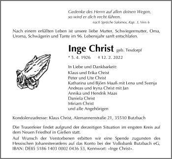 Traueranzeige von Inge Christ von Giessener Allgemeine, Alsfelder Allgemeine, Giessener Anzeiger