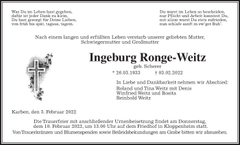Traueranzeige von Ingeburg Ronge-Weitz von Wetterauer Zeitung