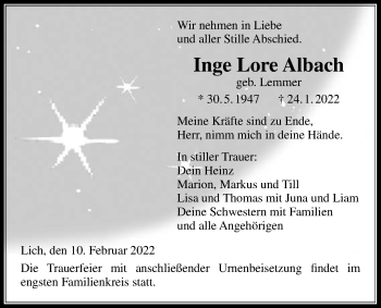 Traueranzeige von Inge Lore Albach von Licher Wochenblatt