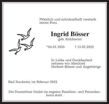 Traueranzeige von Ingrid Bösser von Wetterauer Zeitung
