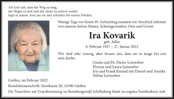 Traueranzeige von Ira Kovarik von Giessener Allgemeine, Alsfelder Allgemeine