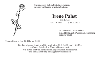 Traueranzeige von Irene Pabst von Alsfelder Allgemeine