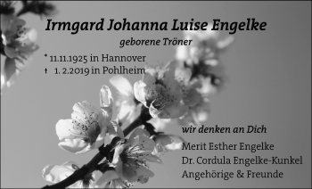 Traueranzeige von Irmgard Johanna Luise Engelke von Giessener Allgemeine, Alsfelder Allgemeine