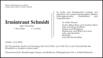 Traueranzeige von Irmintraut Schmidt von Giessener Anzeiger