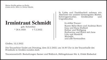 Traueranzeige von Irmintraut Schmidt von Giessener Allgemeine, Alsfelder Allgemeine