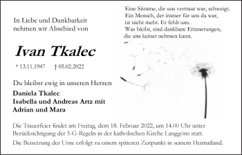 Traueranzeige von Ivan Tkalec von Giessener Anzeiger
